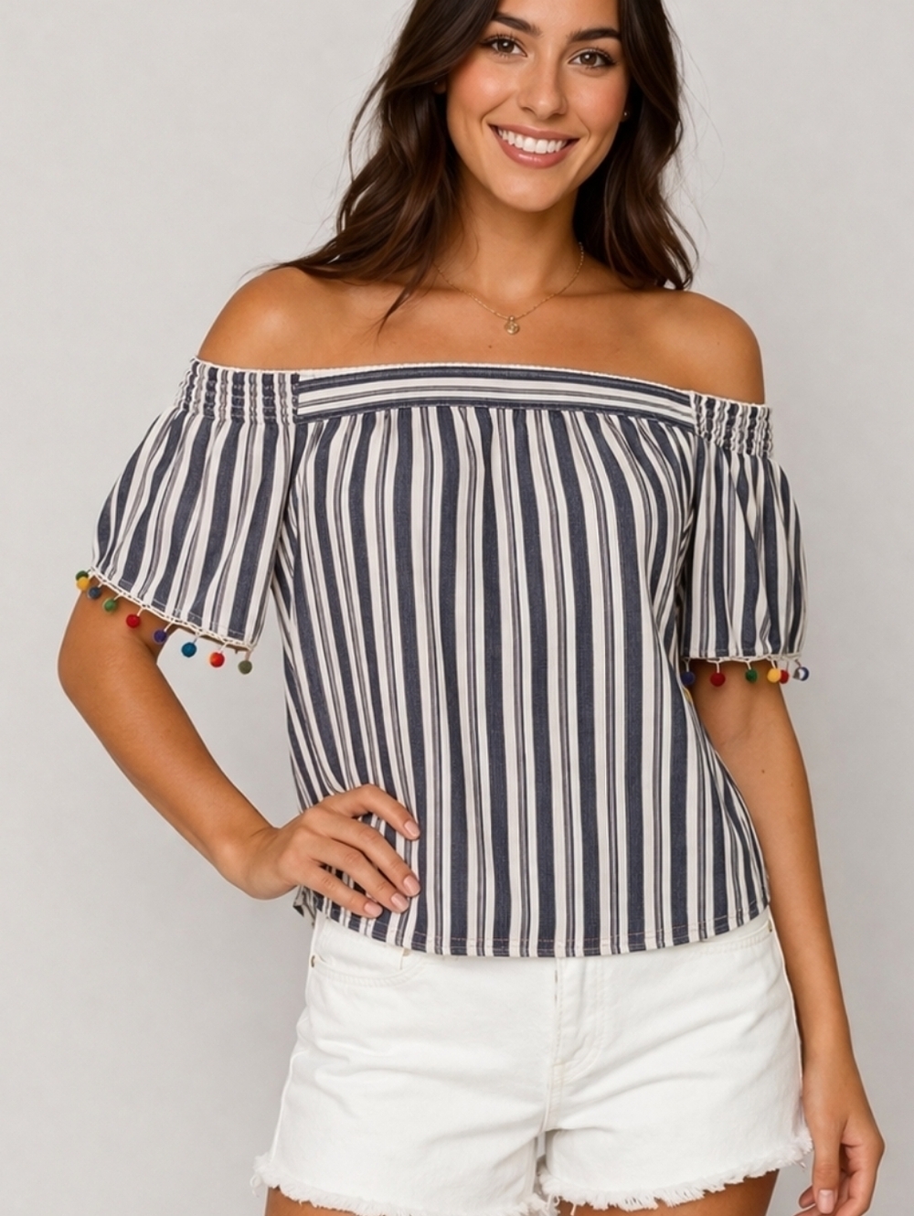 3/$30 LILY WHITE Striped Pom Pom Off Shoulder Cropped Candy Doll Festival Blouse